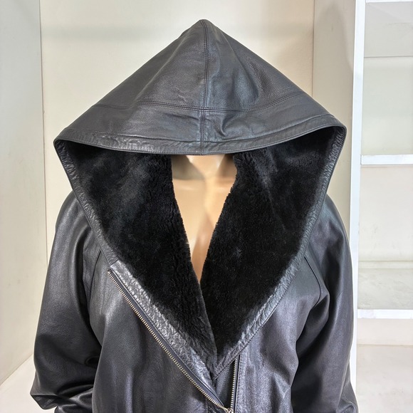 Wilsons Leather Parka Jacket Womens Medium Black Hooded Belted Thinsulate Coat - Picture 8 of 11